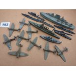 DINKY 9 EARLY MODEL HURRICANE AIRCRAFT, METAL SHIPS INC HMS DELHI, & OTHER SHIPS SOME WITH METAL