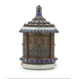 A Chinese enameled silver and jadeite pagoda box