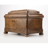 An English footed burl wood tobacco humidor