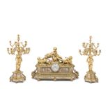 A Louis XV-style gilt-bronze mantel clock & garniture