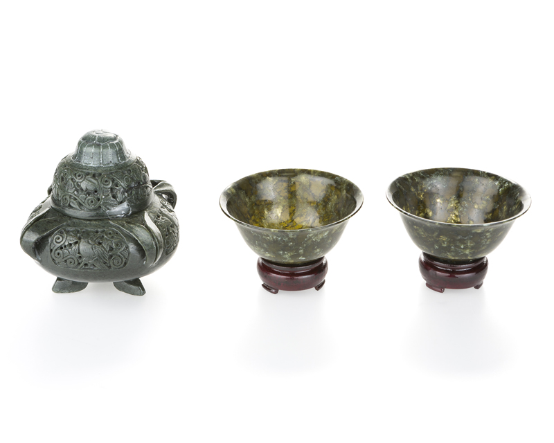 Three Chinese carved spinach jade objects