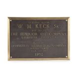 Superior Oil Company brass plaque, W.M. Keck, Sr.