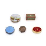 Five silver and enameled snuff/pill boxes