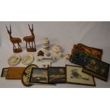 Various ceramics, wall art, carved animal figures,