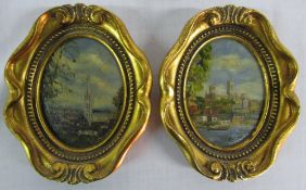 2 Wilhelmina M Somers oil on copper miniatures - Louth St James and Lincoln from Brayford Pool both