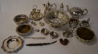 Silver plate including bowls, teapot,