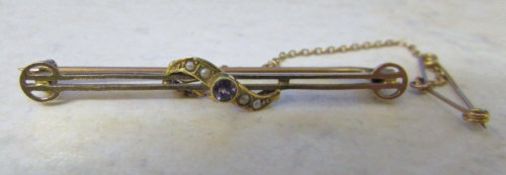15ct gold amethyst and seed pearls brooch total weight 2.