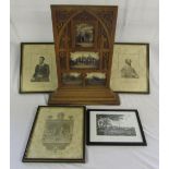 Oak altar piece carved with the name Thorpe Hall & containing 4 19th century photograph of Thorpe
