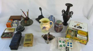 Various items inc 'The Premier' lamp, tins, assorted ceramics inc Spode,