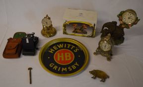 Various clocks (af) Hewitt's Grimsby metal tray,