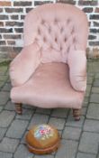 Button back tub chair and embroidered footstool