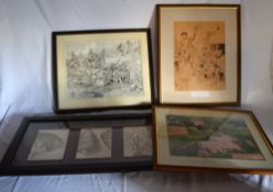 3 framed prints including two military / WWI themed (Please Note: framed aerial photograph has been