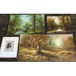 3 unframed oil on canvas woodland scenes & a framed print of a dog