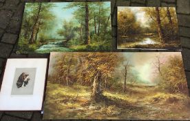 3 unframed oil on canvas woodland scenes & a framed print of a dog