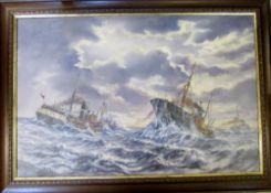 Large oil on canvas of Grimsby fishing trawlers 'Lancer GY65 and Northern Queen GY124' signed lower