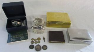 Seiko Kinetic wrist watch, brass double cigarette box, 'Wunup' bakelite cigarette case,