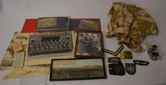 Militaria lot including old photographs, badges, camouflage jacket, group photo of 2nd Battalion,
