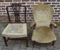 Victorian nursing chair with scrolled open arms & Hepplewhite style chair with tapestry seat