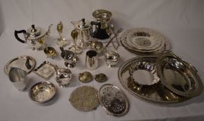 Silver plate including repousse style wall plates, teapot, tray,