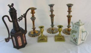 Pair of brass candlesticks, Chinese teapot,