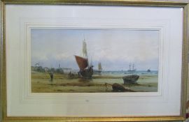 Framed watercolour of boats by the shoreline by J F Brannigan 70 cm x 46 cm