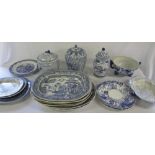 2 boxes of assorted blue and white ceramics inc meat platters and jars together with an Amherst