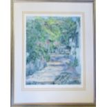 Limited edition hand coloured etching 'Terrace in Spain' by Pip Carpenter signed in pencil by the