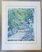 Limited edition hand coloured etching 'Terrace in Spain' by Pip Carpenter signed in pencil by the