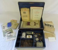 Tin box containing various items inc cigarette cards, Len Hutton's autograph,