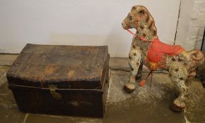 Tin trunk and a childs tin toy horse