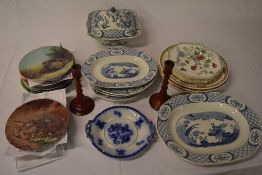 Selection of ceramic plates including collectors plates and a pair of candlesticks
