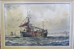 Watercolour and charcoal painting of a Grimsby fishing trawler by Jack Rigg (b 1927) signed and