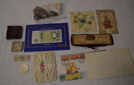 2 gaming chips, various coins/notes, book mark,