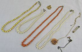 Pearl, synthetic pearl, ivory and coral necklaces, tie pin,