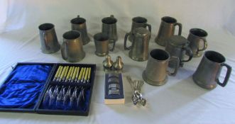 Quantity of pewter tankards, silver plate fish knives and forks,