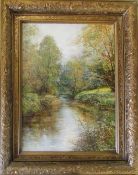 Oil on canvas of a woodland stream by Peter Snell,