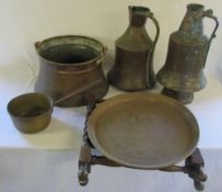 Selection of brass and copper inc folding table and jugs