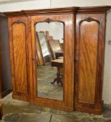 Large breakfront mahogany Victorian mirror fronted triple wardrobe / linen press H207cm by W226cm