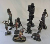 Assorted bronze effect figurines inc elephant,