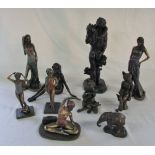 Assorted bronze effect figurines inc elephant,