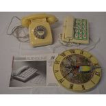 2 retro telephones and a wall clock
