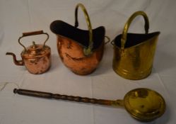 Copper and brass coal buckets,