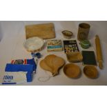 Kitchenalia including rolling pin, tea towels,