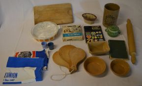 Kitchenalia including rolling pin, tea towels,