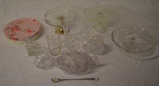 Glassware including cakestands and a pair of glass candlesticks