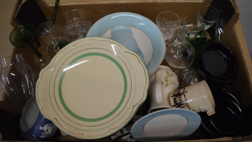 Various glassware and ceramics including a Clarice Cliff plate