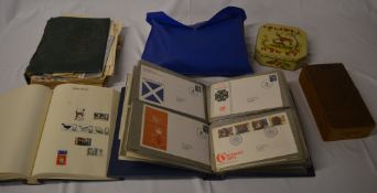 First day covers, one album and bag plus box of loose stamps, 2 stamp albums of world stamps,