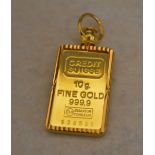 Credit Suisse 10g Fine Gold 999.9 purity ingot - Serial No: 936525, total weight approx 13.