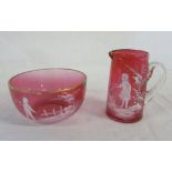 Mary Gregory style cranberry jug H 10.