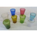 7 coloured Venetian spiral glass beakers (one cracked)